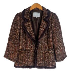 Classiques Entier Brown‎ Tweed Wool Blend Ruffled Trim Front Clasp Blazer Small